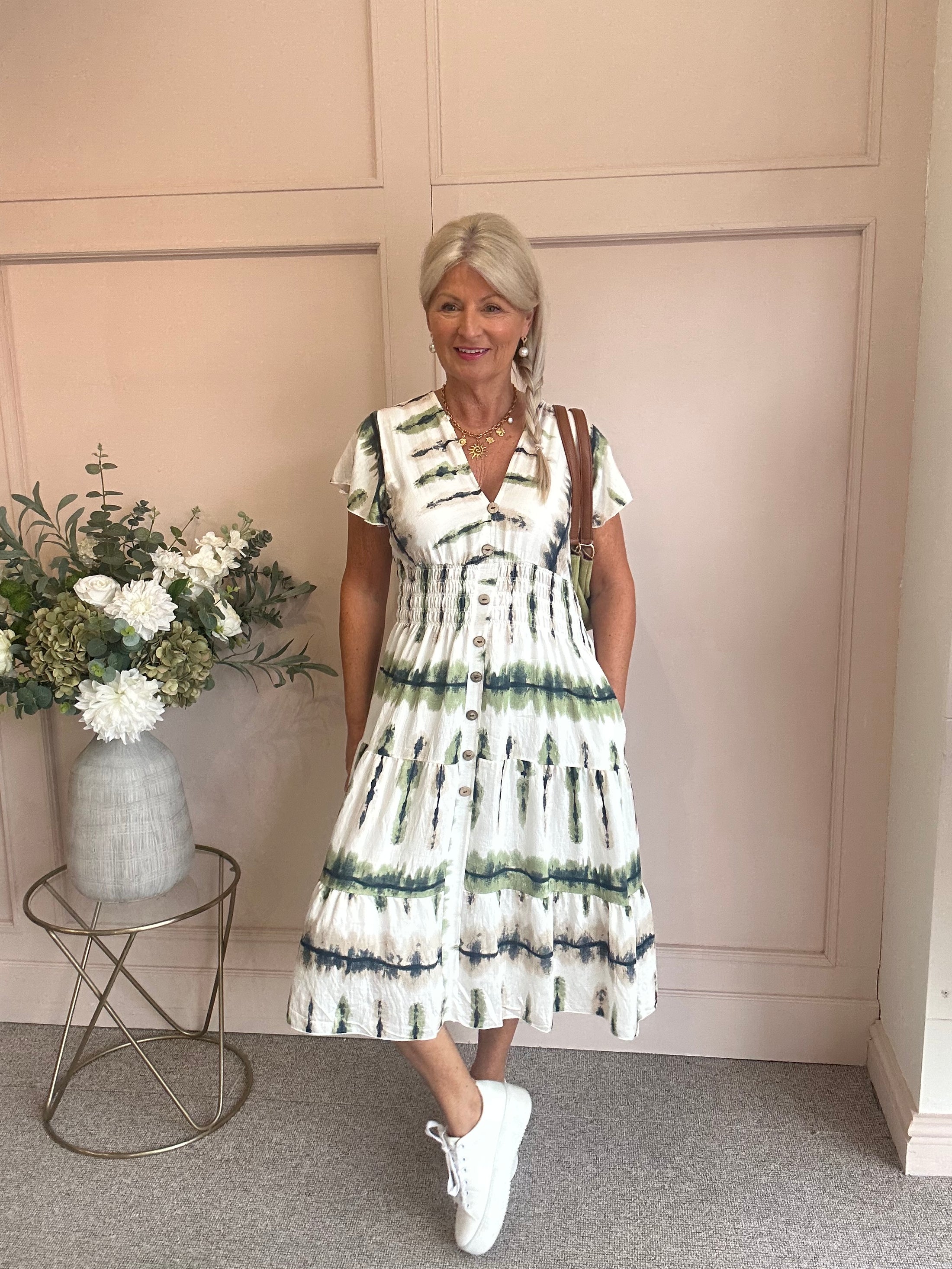 Button Detail Midi dress - Green/Cream - Wardrobe By Simone