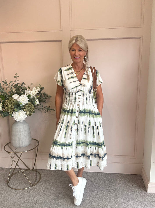 Button Detail Midi dress - Green/Cream - Wardrobe By Simone