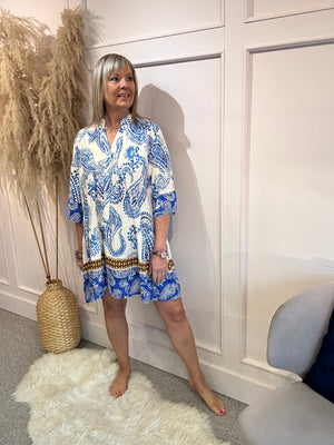 Floral Paisley Smock Tunic Dress - Blue/White - Wardrobe By Simone