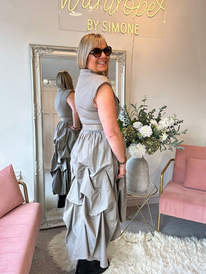 Quirky Belted Ruched Skirt Dress - Taupe