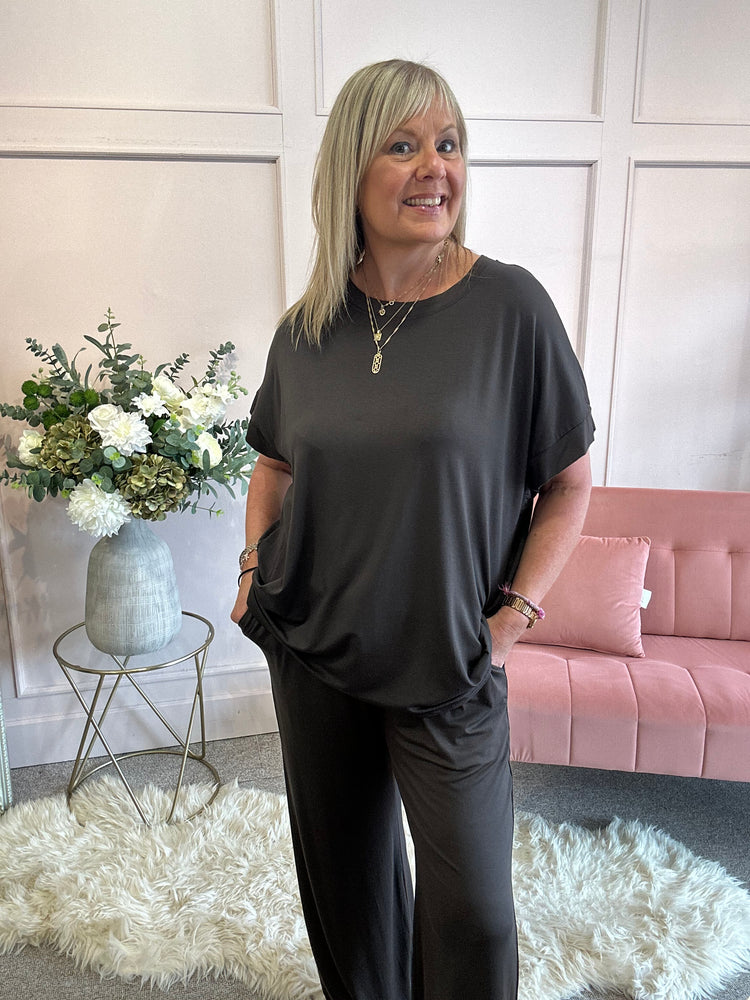 T Shirt & Wide Pant Lounge Set - Brown - Wardrobe By Simone