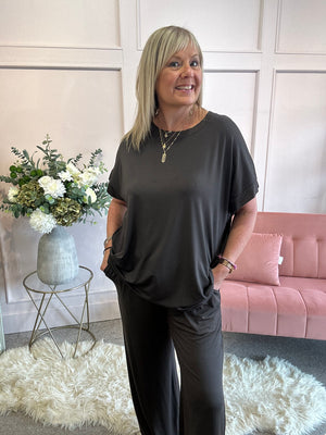 T Shirt & Wide Pant Lounge Set - Brown - Wardrobe By Simone