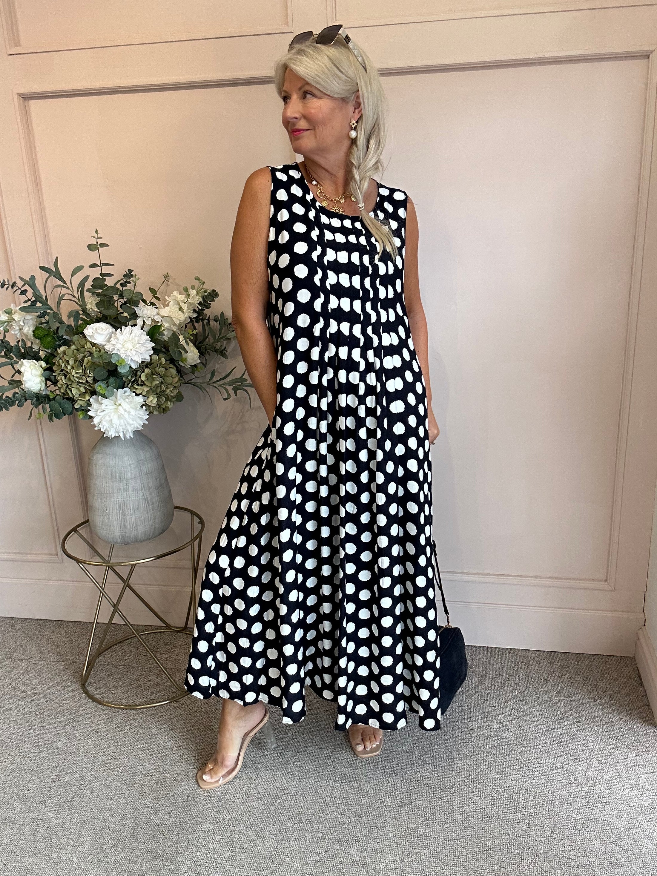 Dotty Sleeveless Dress - Blue/White - Wardrobe By Simone