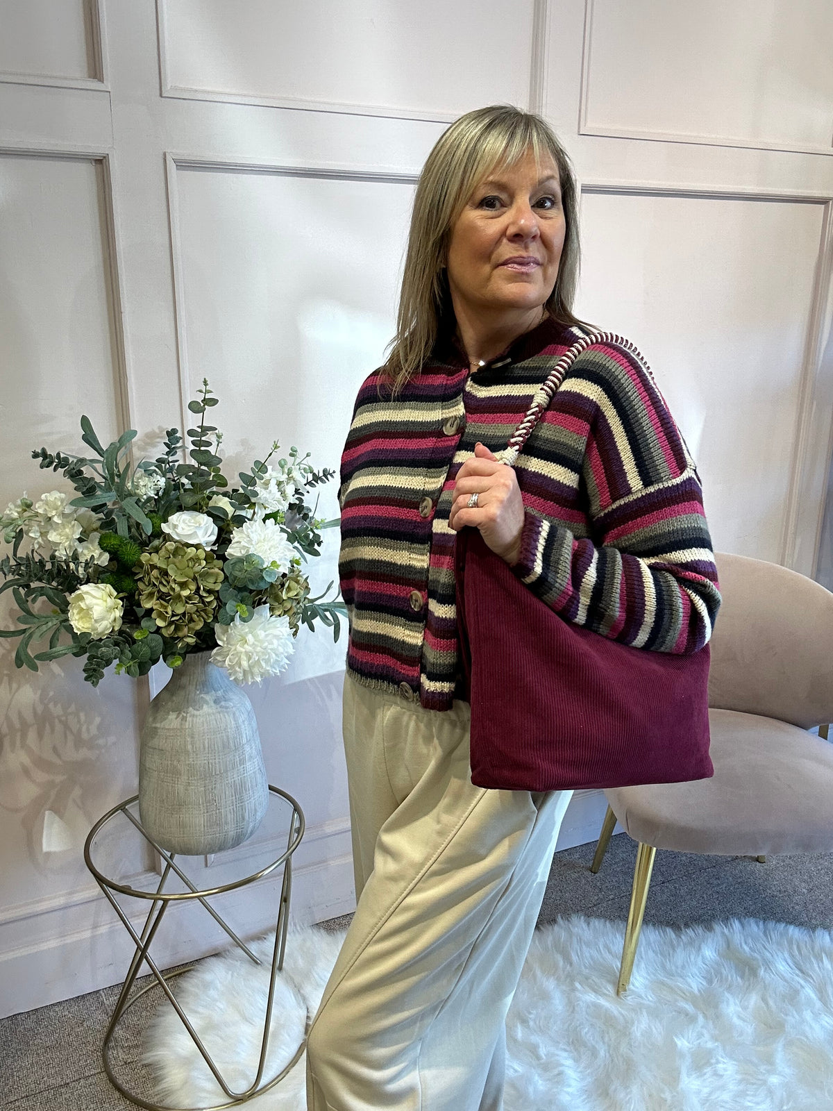 Striped Knit Cardigan - Plum/Khaki