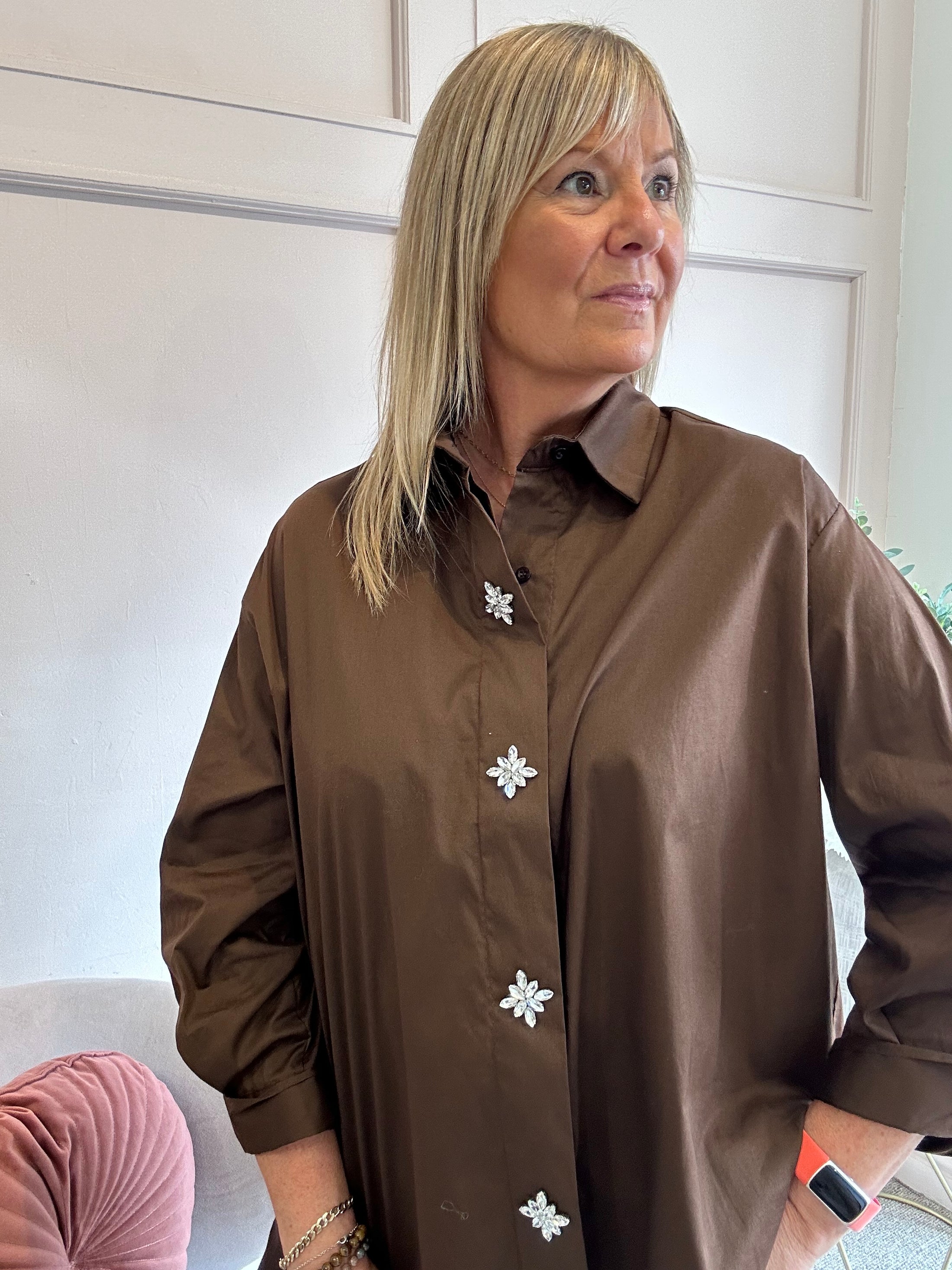 Jewel Button Shirt - Brown