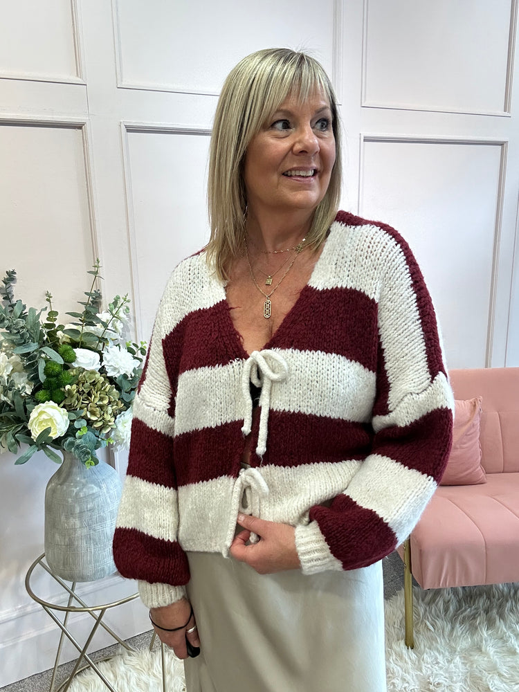 Chunky Striped Knitted Cardigan - Wine/Cream