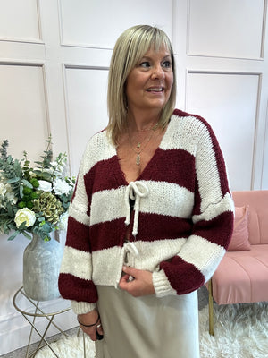 Chunky Striped Knitted Cardigan - Wine/Cream