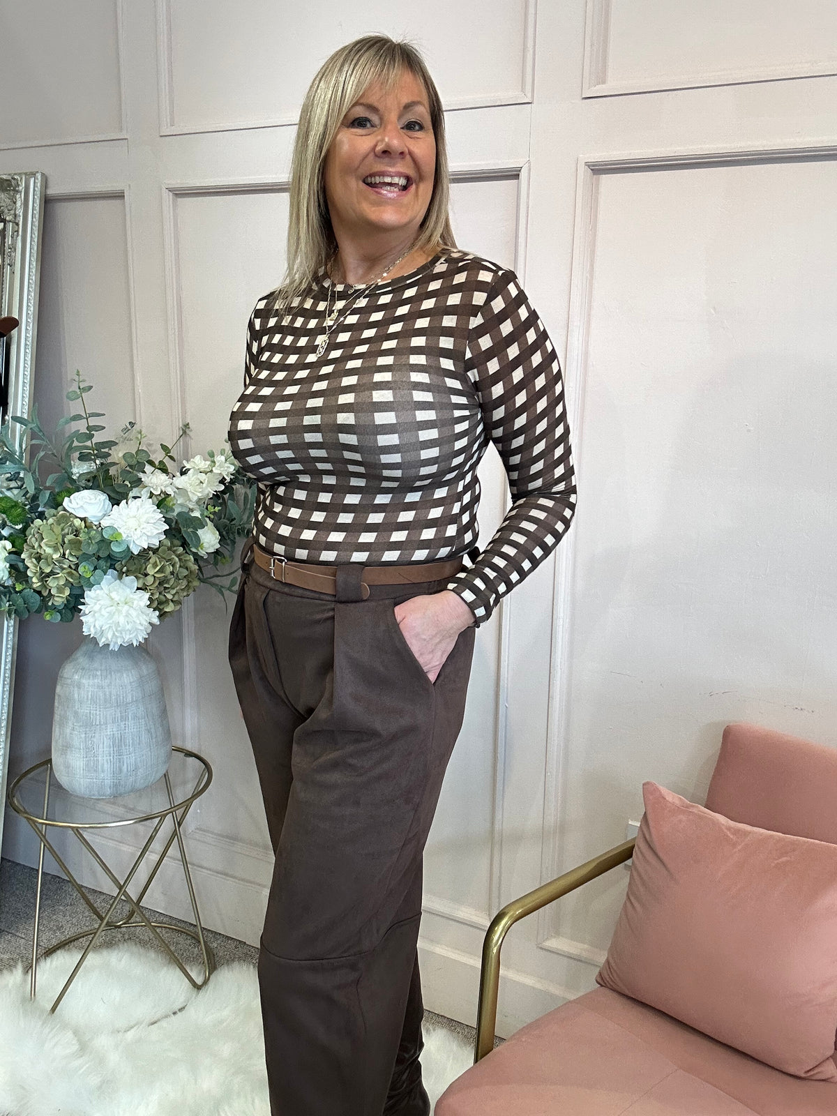 Bold Checked Mesh Top - Brown/Cream