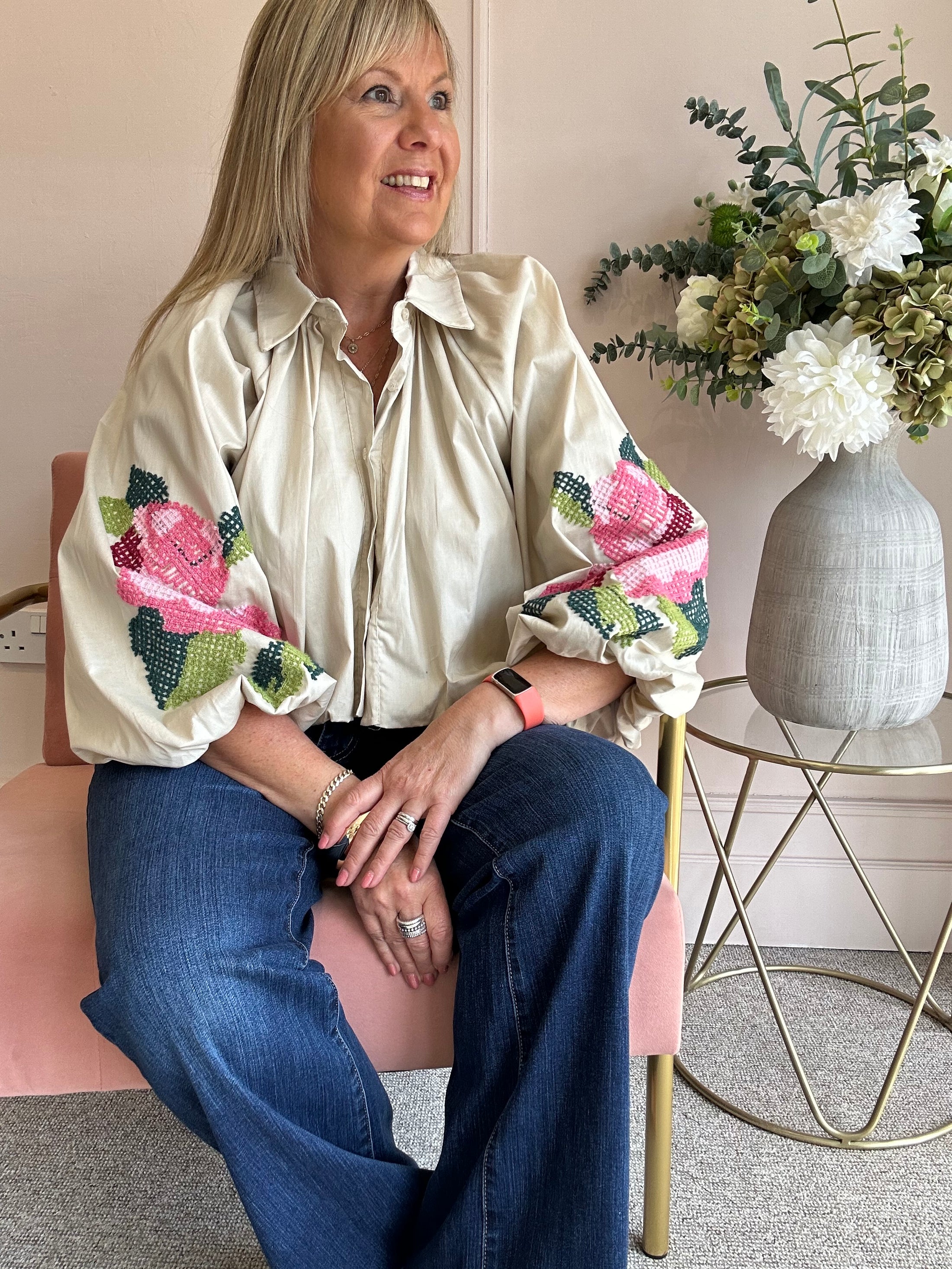Floral Embroidered Sleeve Shirt - Light Beige