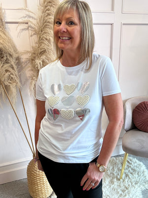 Pearl & Sequin Hearts T-Shirt - White