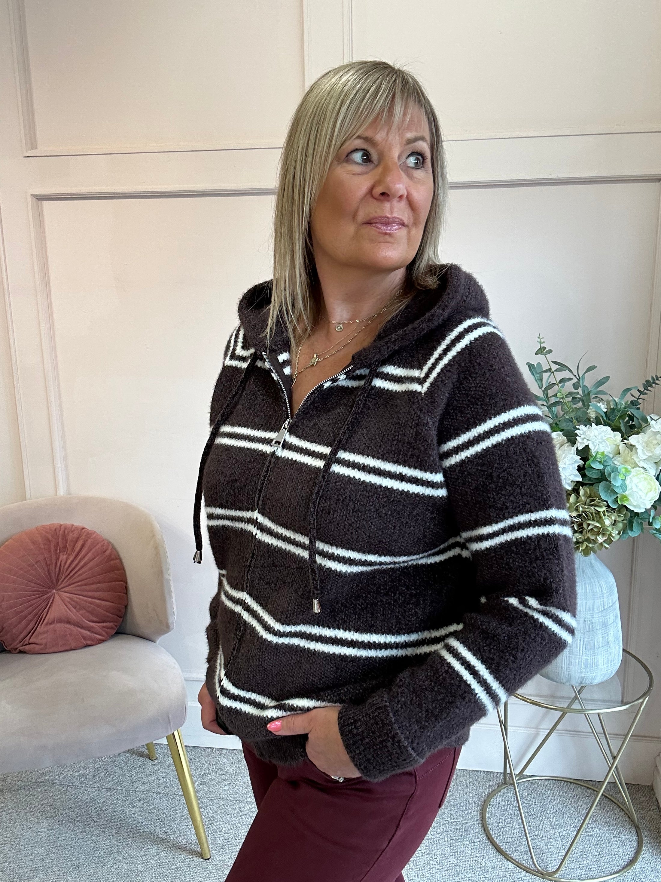 Hoody Striped Zip Cardigan- Brown/Cream