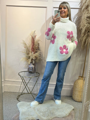 
            
                Load image into Gallery viewer, Flower Power Roll Neck Jumper - Cream - Wardrobe By Simone
            
        