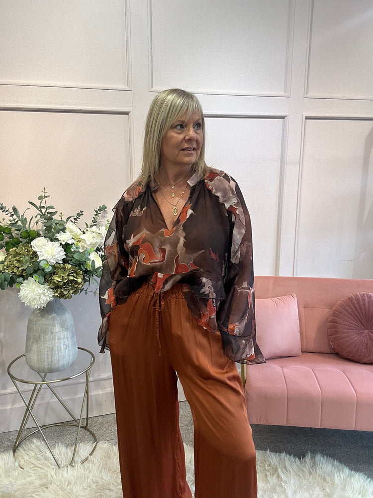 Floaty Frill Detail Top  - Brown/ Orange - Wardrobe By Simone