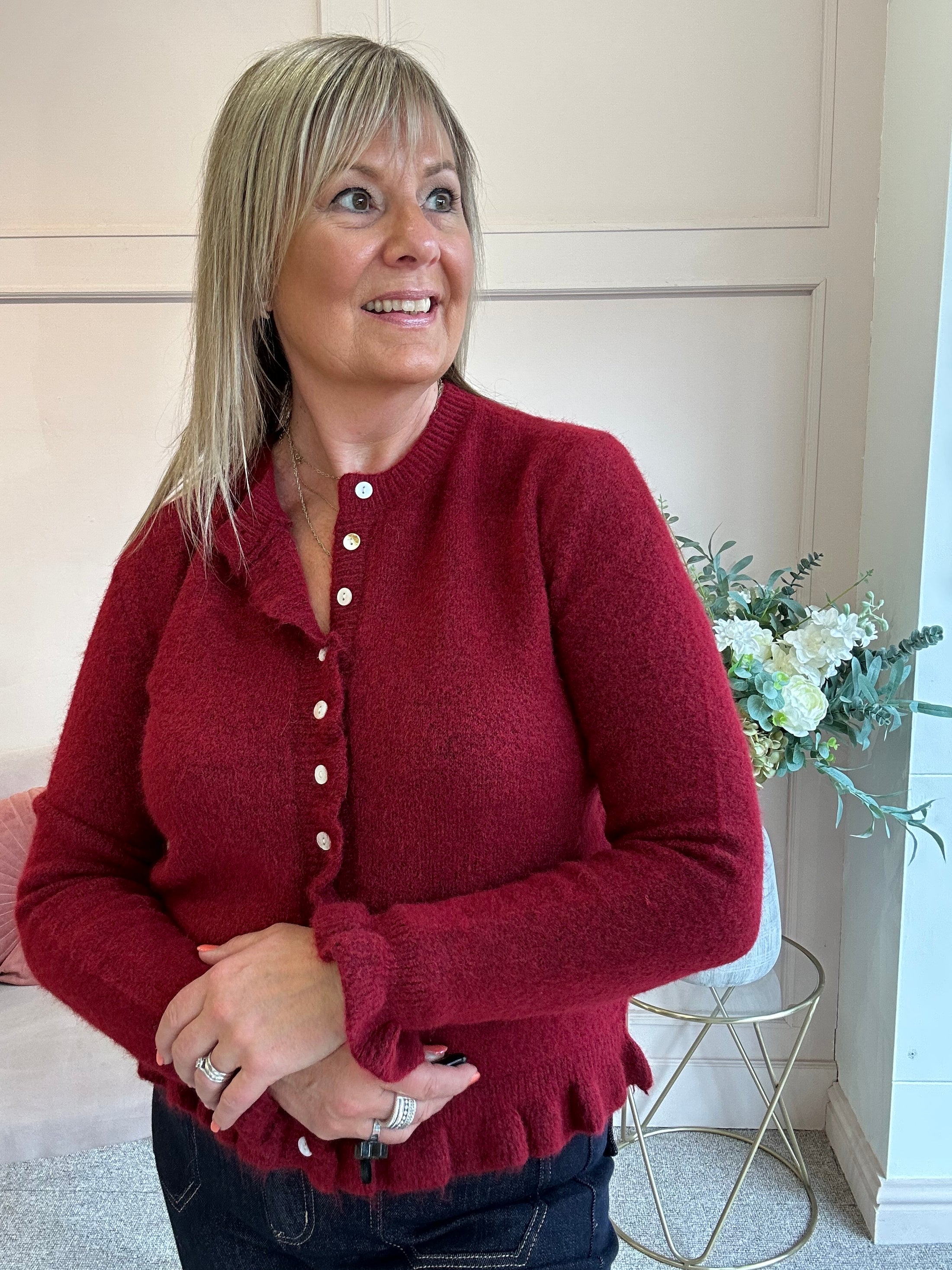 Frill Edge Cardigan - Burgundy
