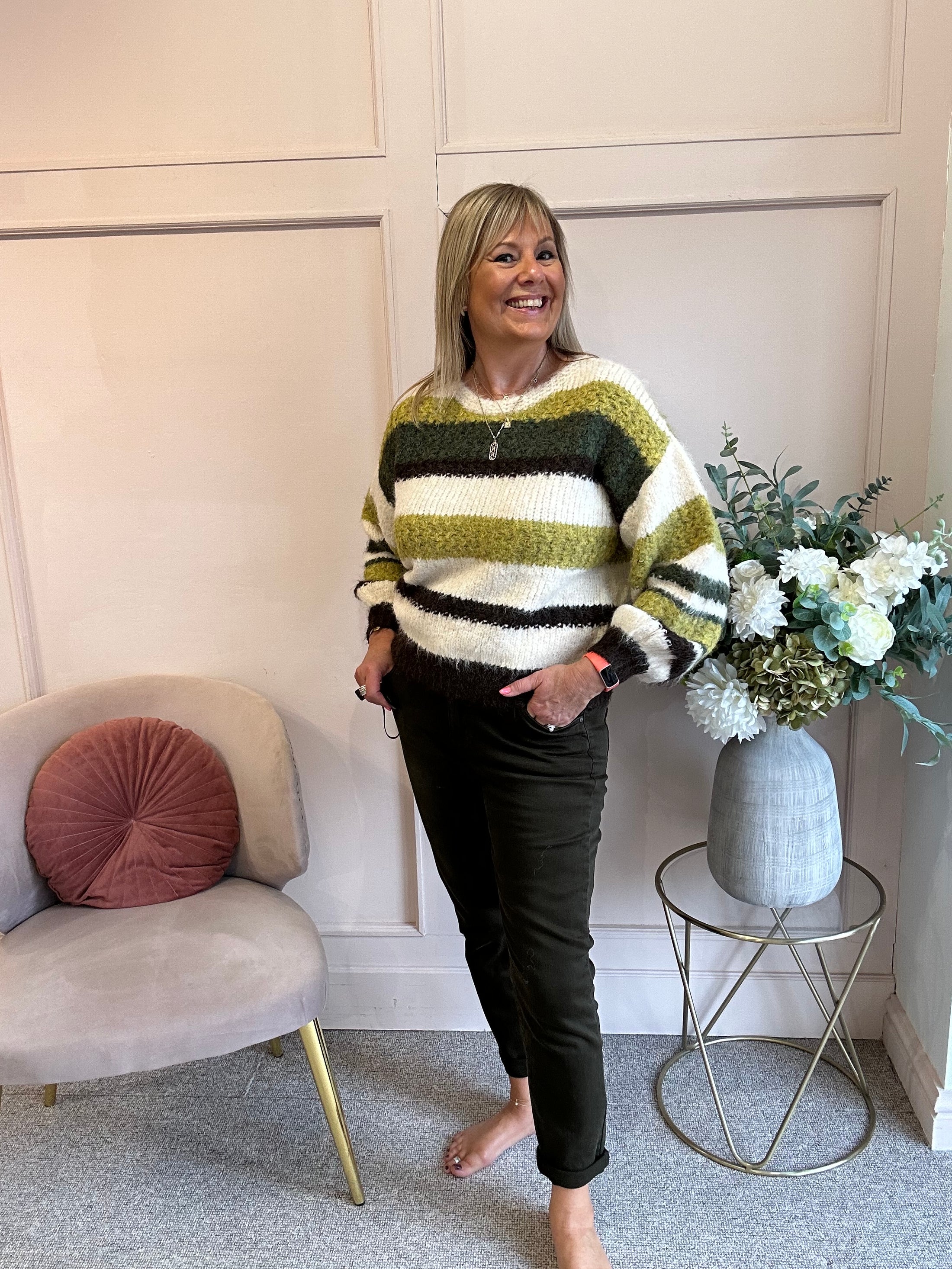 Cosy Striped Mix Jumper - Khaki/Brown/Cream
