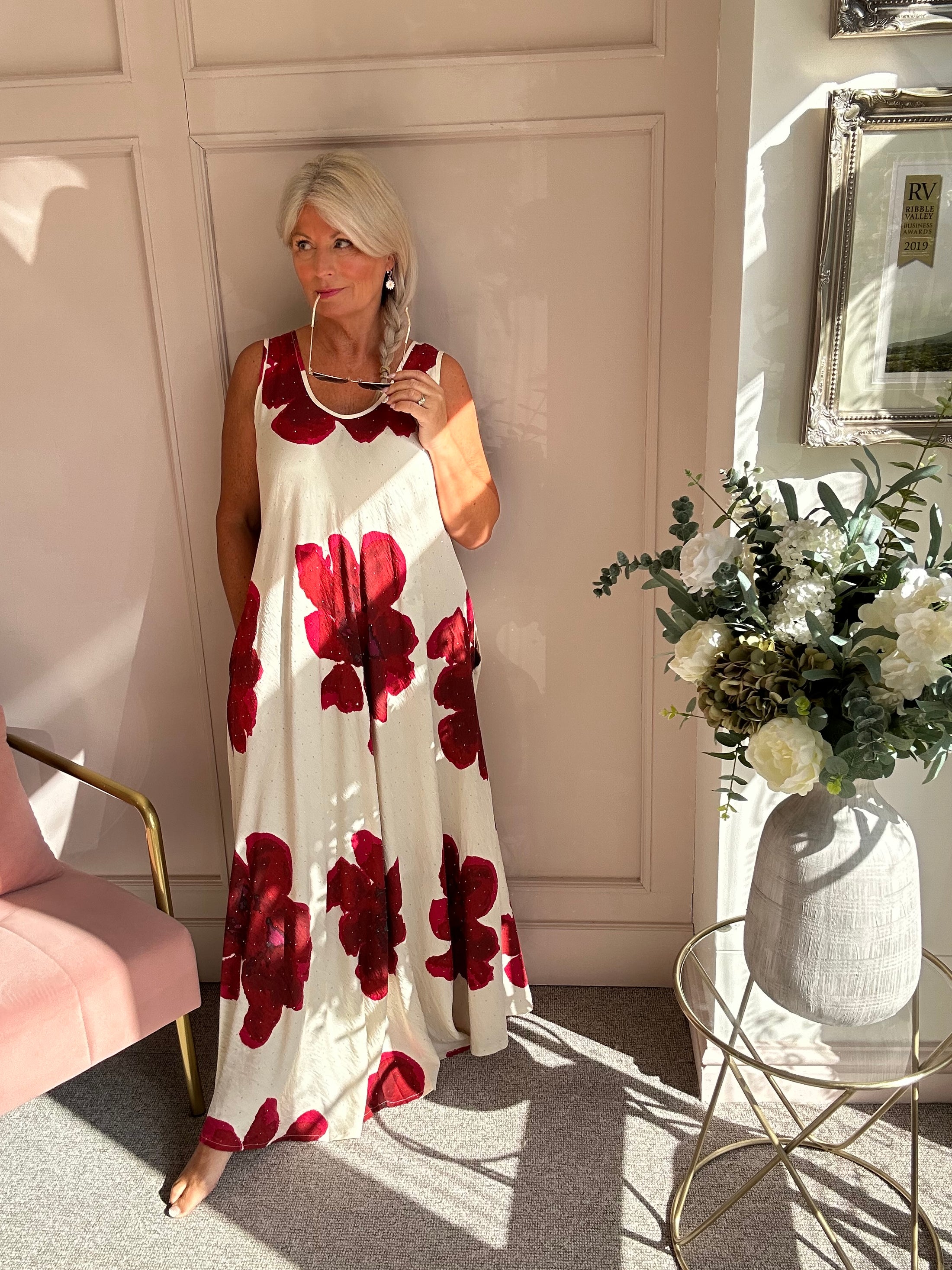 Bold Flower Maxi Sundress - Red/Cream - Wardrobe By Simone