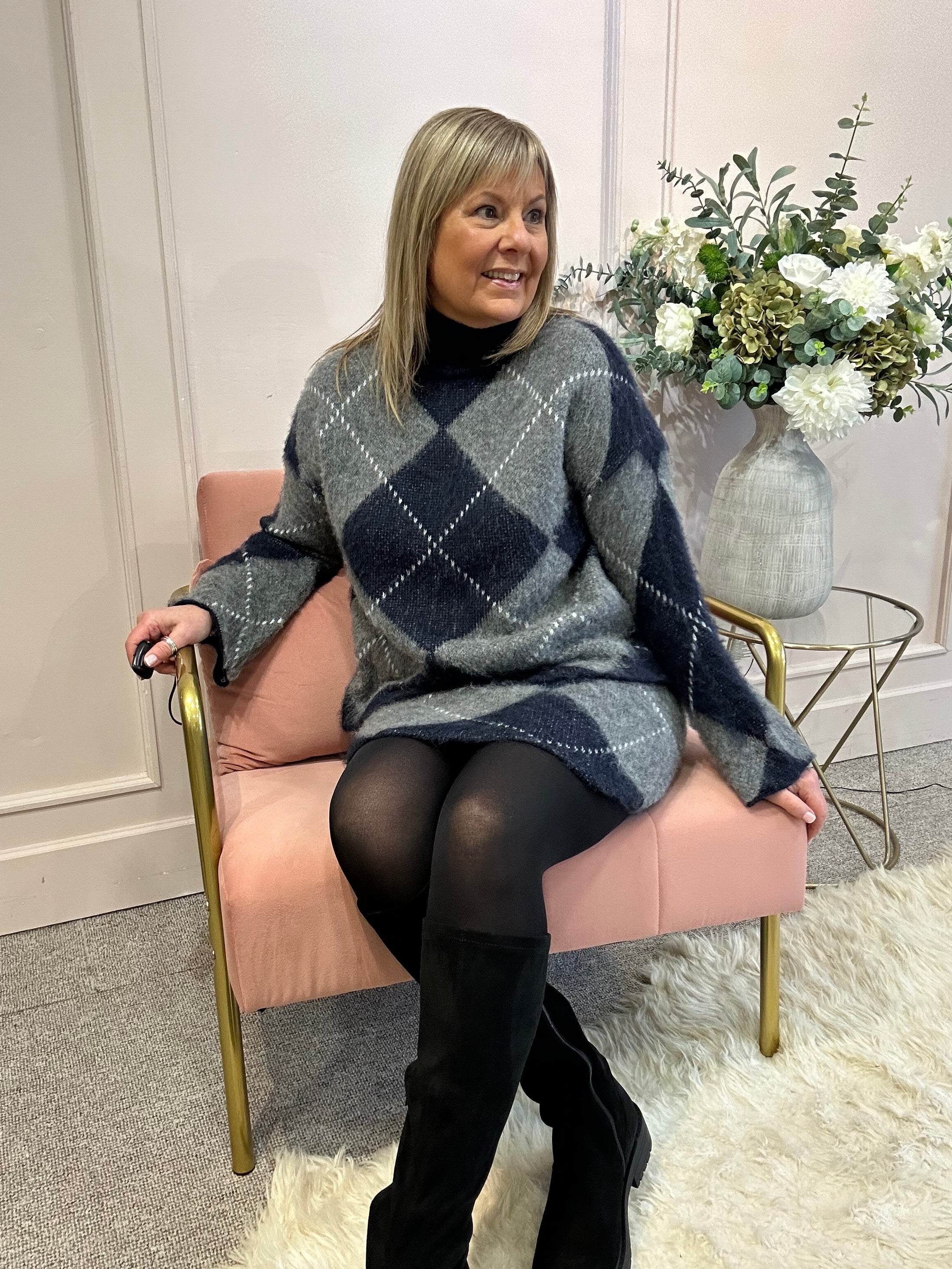 Jumper And Skirt Knitted Set - Navy/Grey