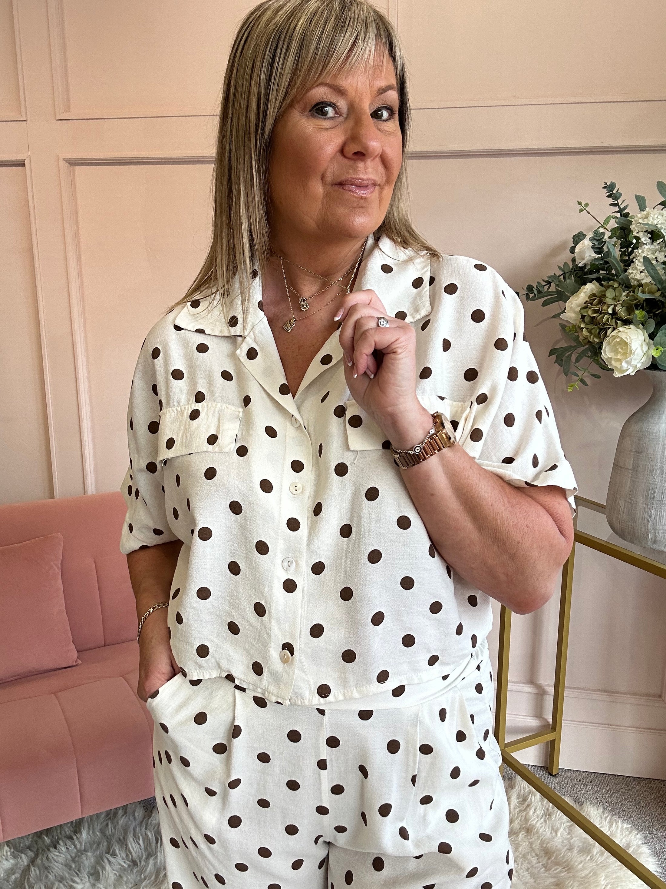 Polka Dot Shirt Pant Set - Beige/Brown - Wardrobe By Simone