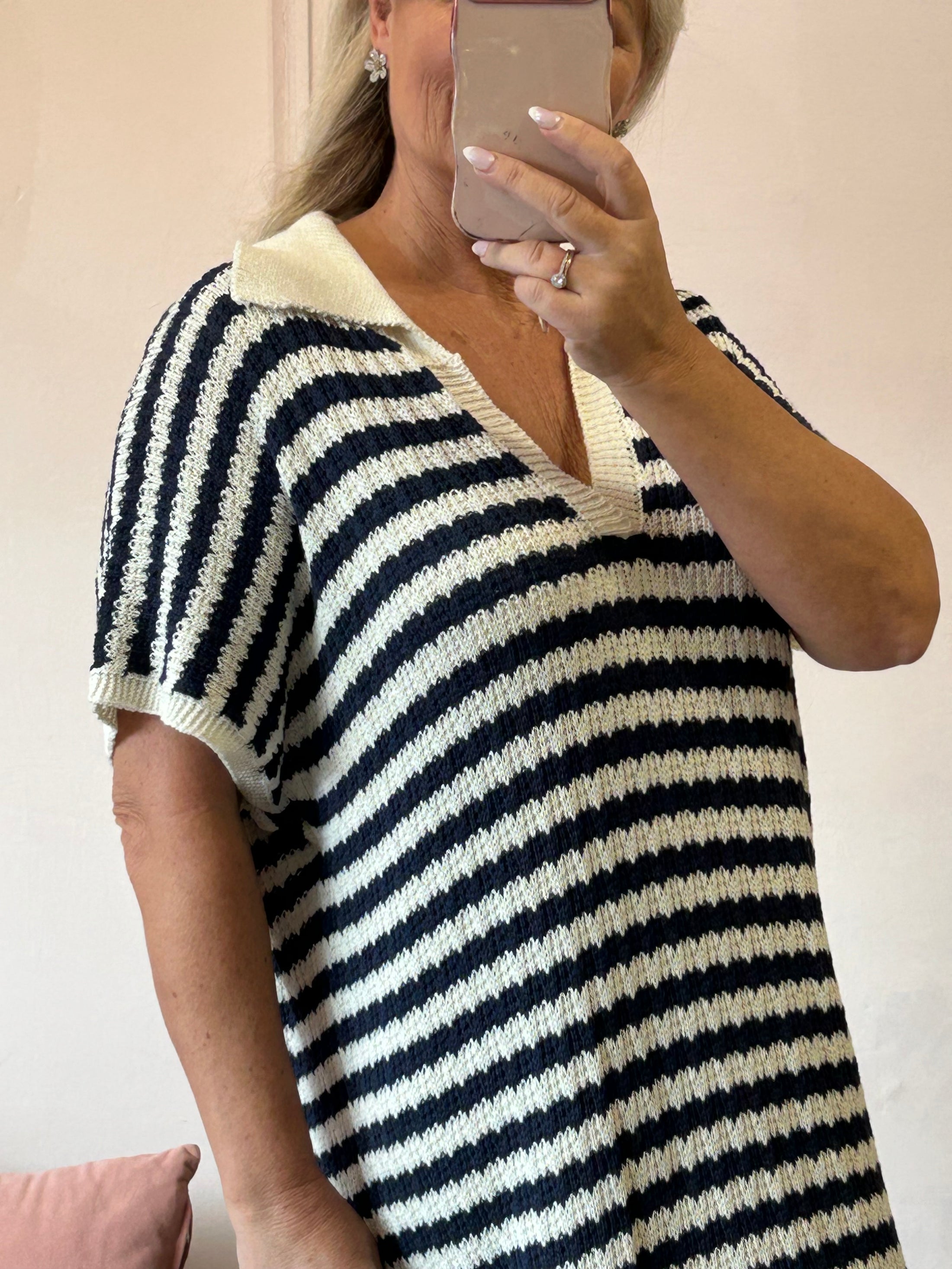 Striped Long Knitted Dress- Cream/Navy - Wardrobe By Simone