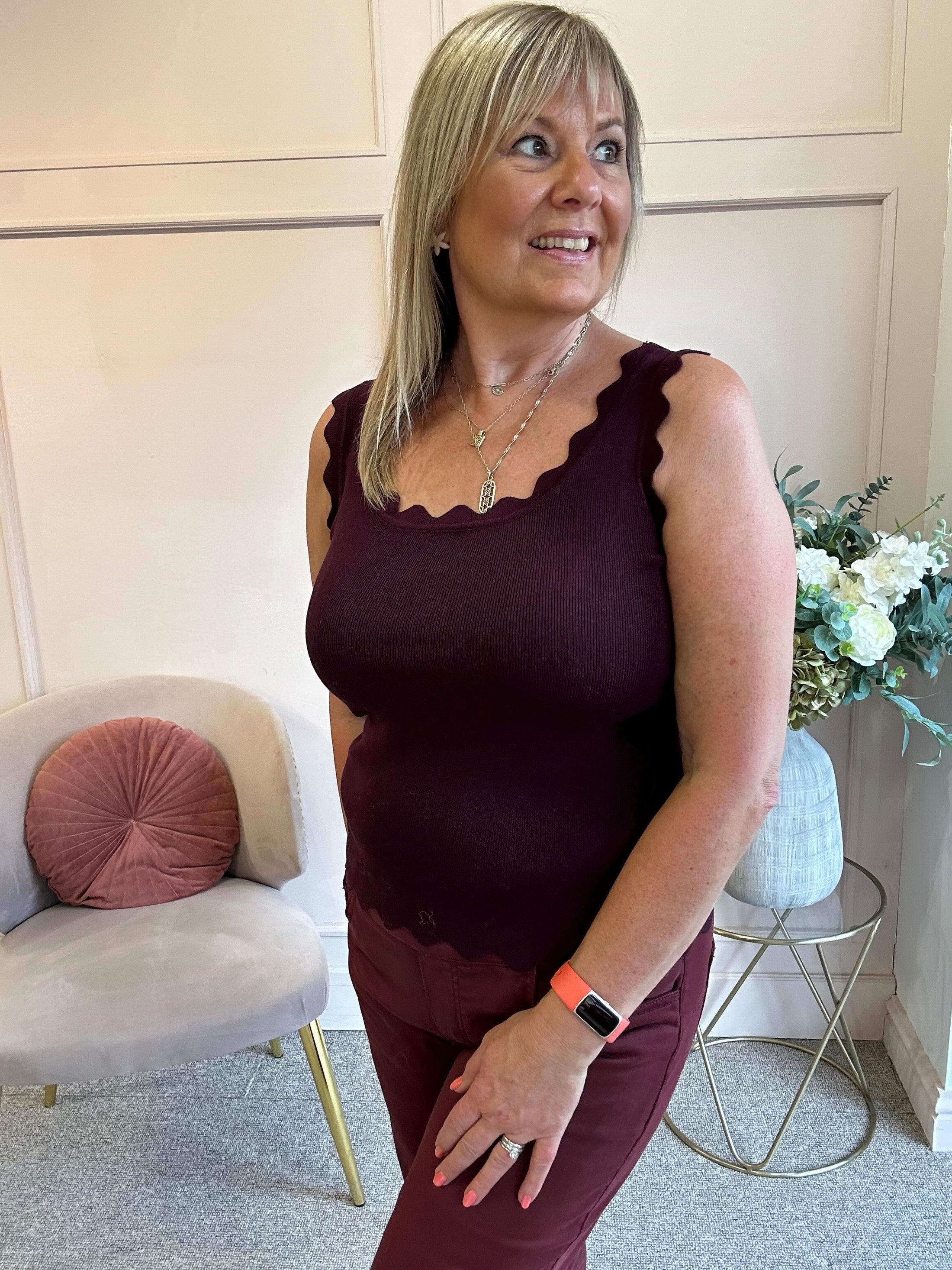 Scalloped Edged Vest Top - Plum