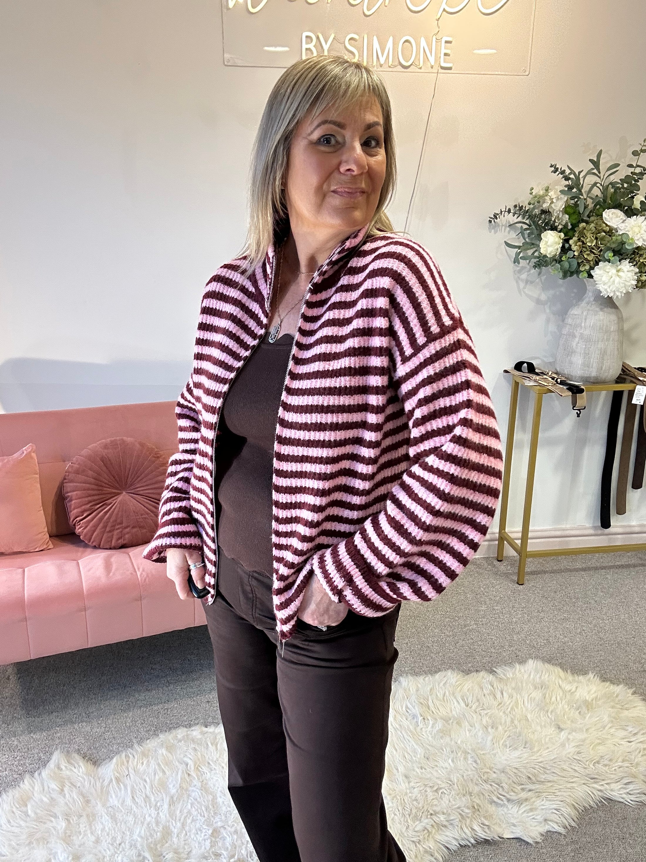 Zip Up Fun Striped Cardigan -  Pink/Burgundy