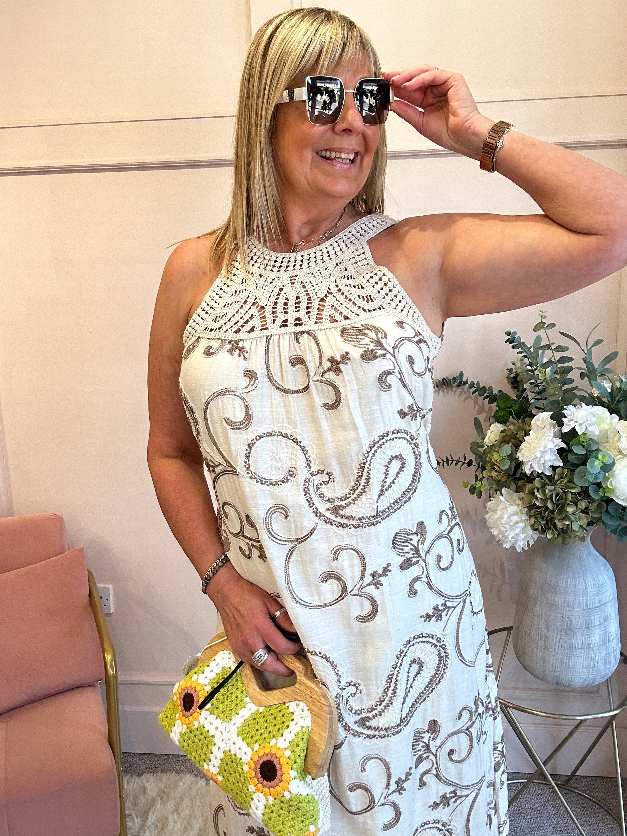 Paisley Halter Neck Maxi Dress - Cream/Coffee - Wardrobe By Simone