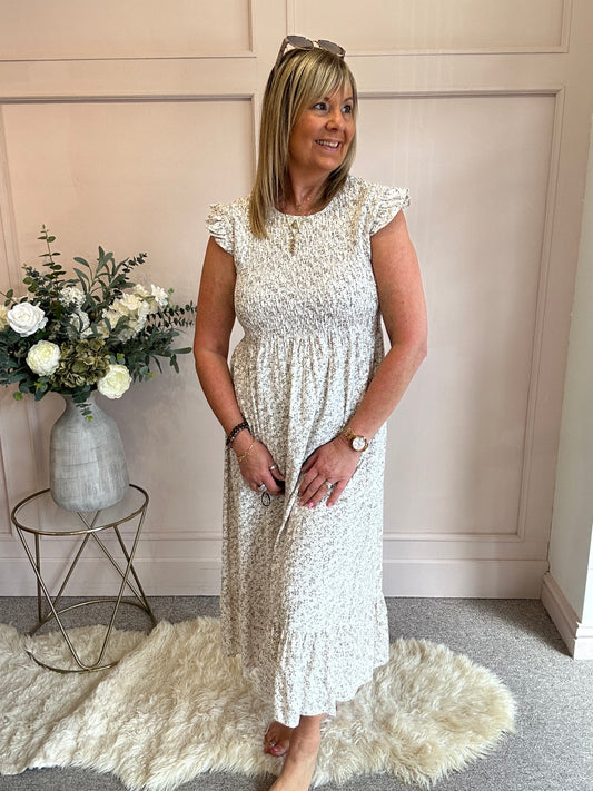 Ditsy Print Dress - Light Beige - Wardrobe By Simone