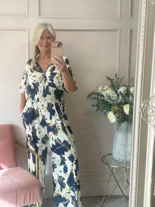 Slinky Jumpsuit - Navy/Cream - Wardrobe By Simone