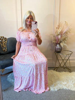 Ditsy Flowers Maxi Dress - Pink/White