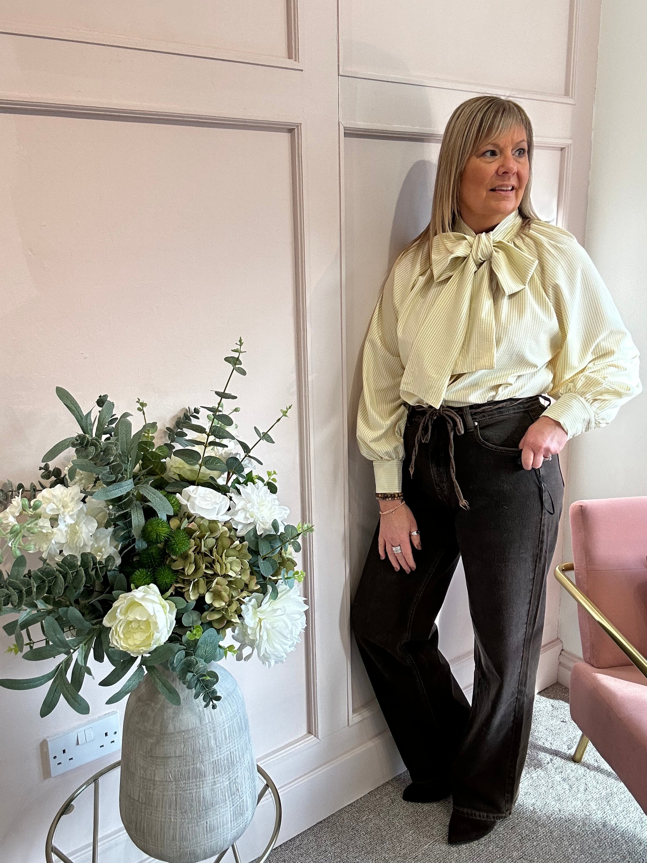 Striped Bow Blouse - pistachio Green/Cream - Wardrobe By Simone