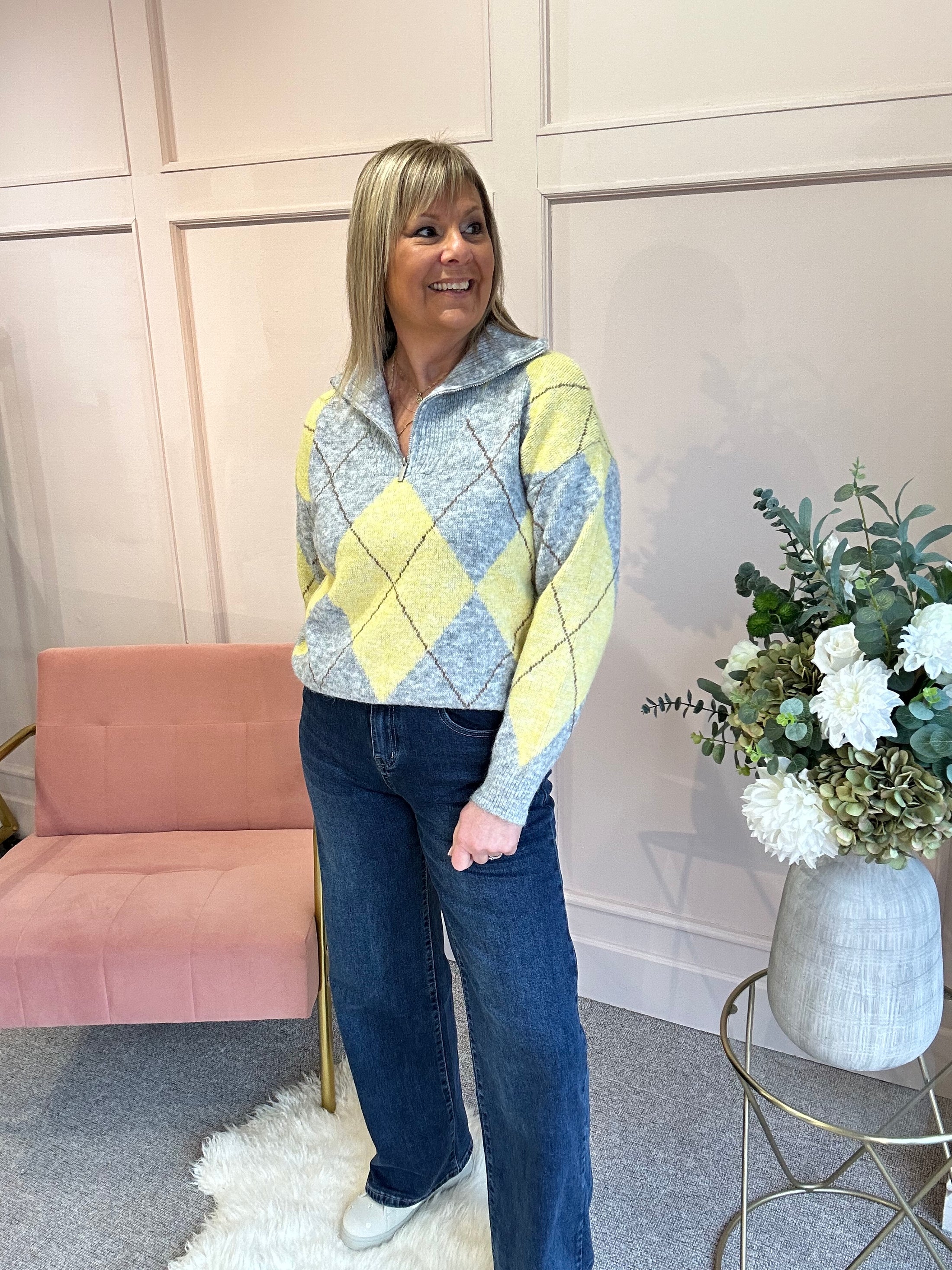 Diamond Pattern Zip Jumper - Grey/Lemon