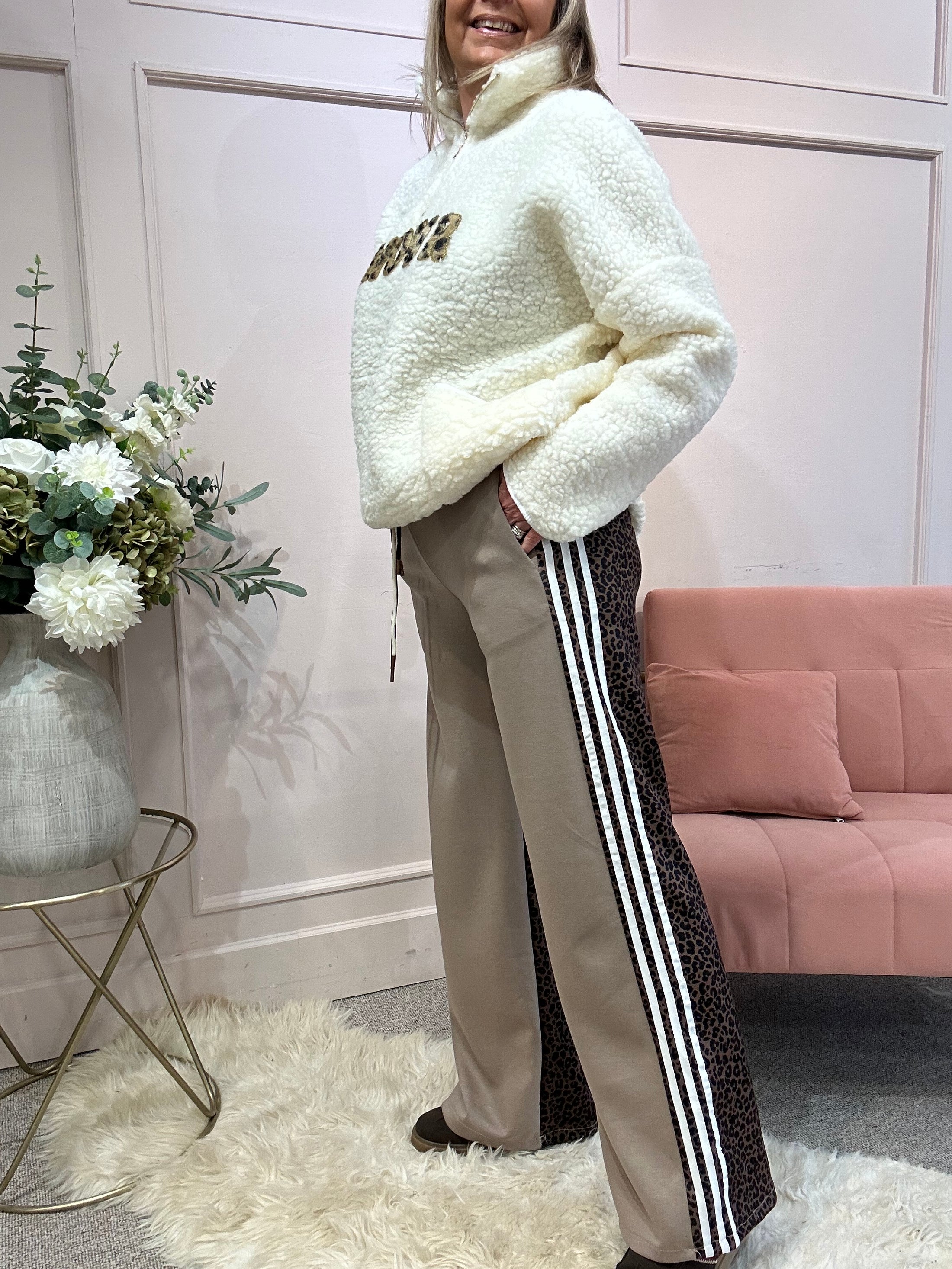 Quirky Side Striped Lounge Pant - Biscuit/Leopard