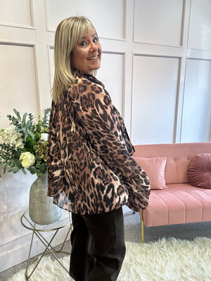 Leopard Floaty Tie Pleated Top - Leopard