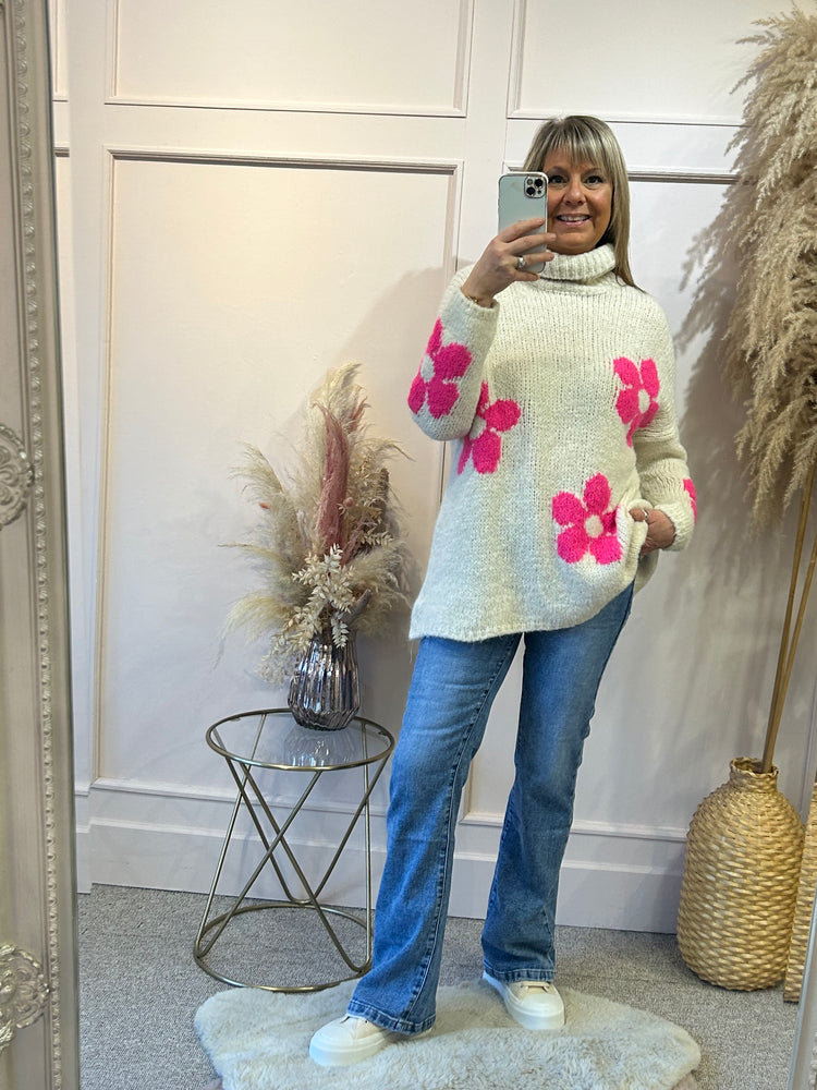 
            
                Load image into Gallery viewer, Flower Power Roll Neck Jumper - White - Wardrobe By Simone
            
        