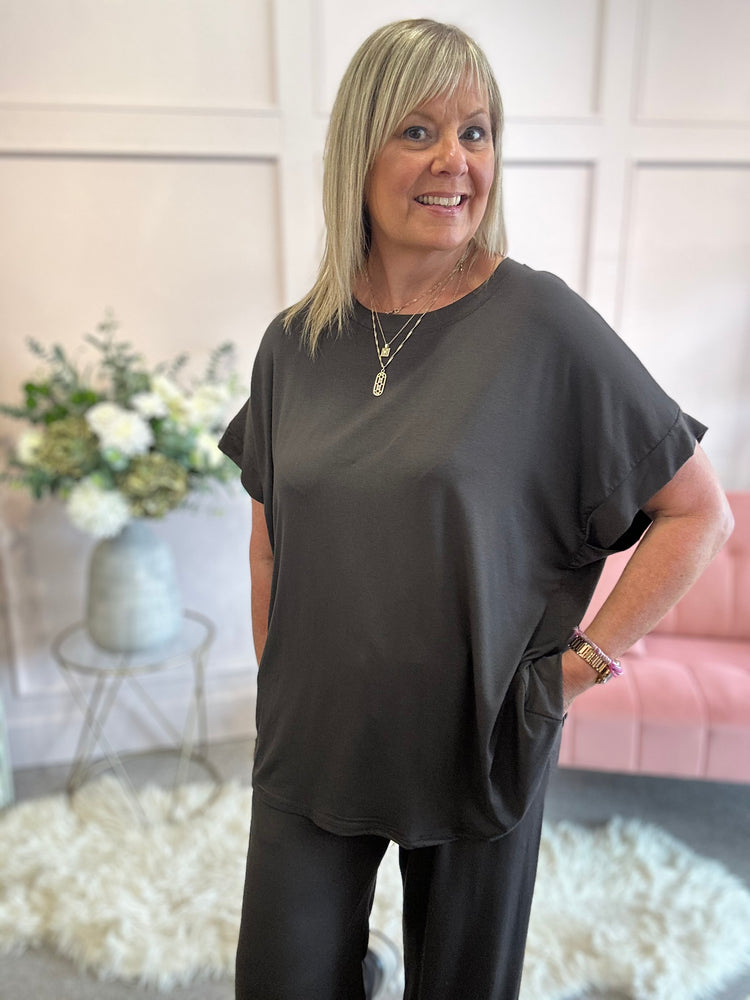 T Shirt & Wide Pant Lounge Set - Brown - Wardrobe By Simone