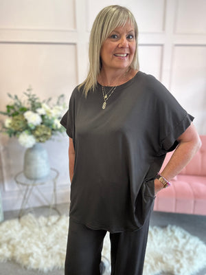 T Shirt & Wide Pant Lounge Set - Brown - Wardrobe By Simone