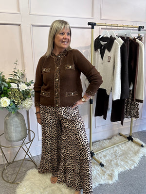 Stylish Leopard Edged Jacket/Cardi  - Chocolate