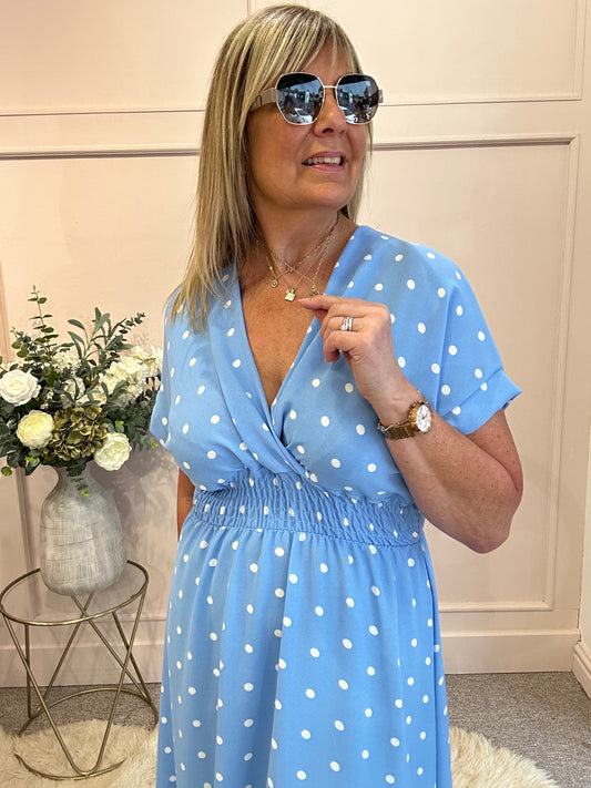 Polkadot V Neck Dress - Cornflower Blue/White One Size
