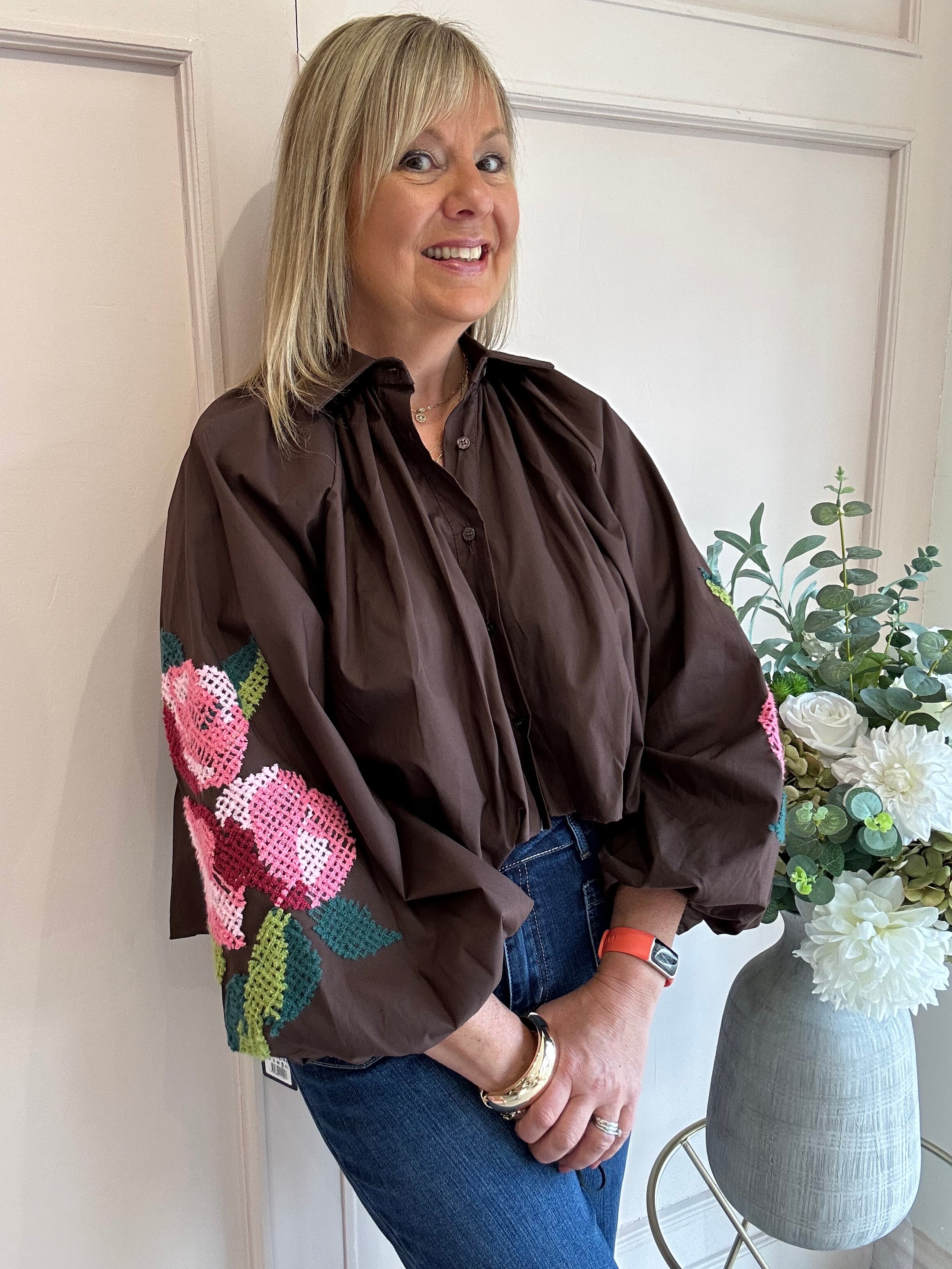 Floral Embroidered Sleeve Shirt - Brown