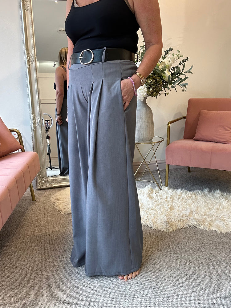 Wide Leg Pin tuck Front Trouser - Grey