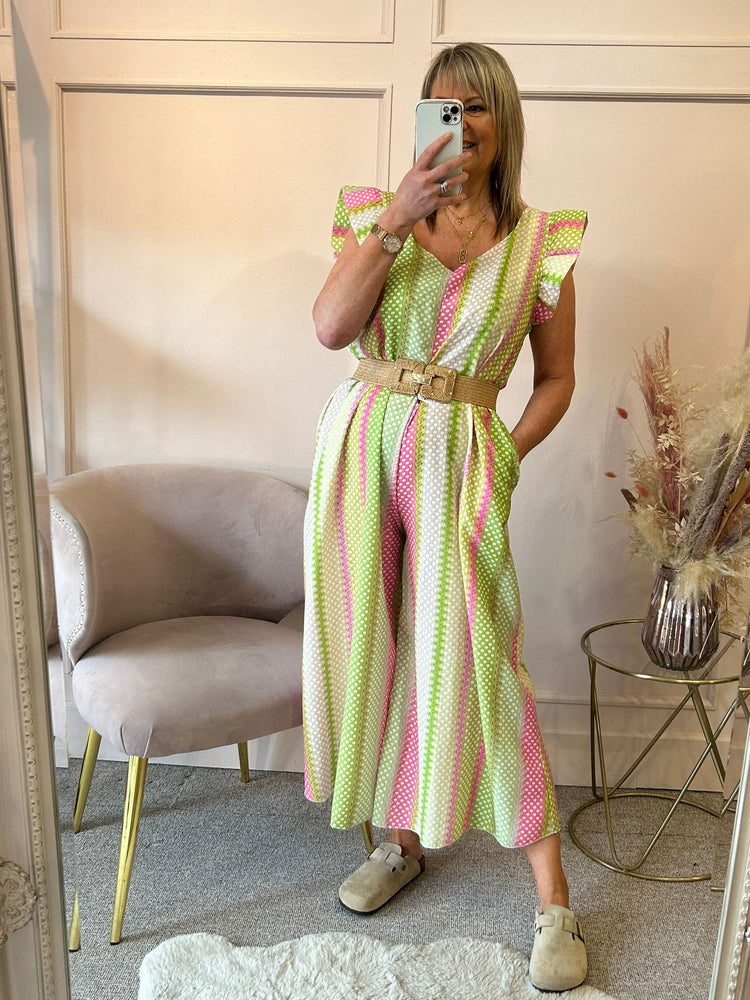 Striped Frill Jumpsuit - Lime Green