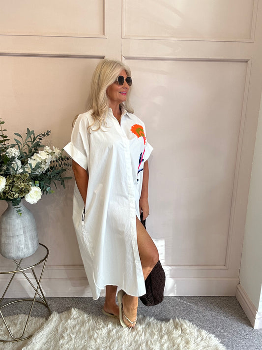 Soleil Embroidered Maxi Shirt  - White - Wardrobe By Simone
