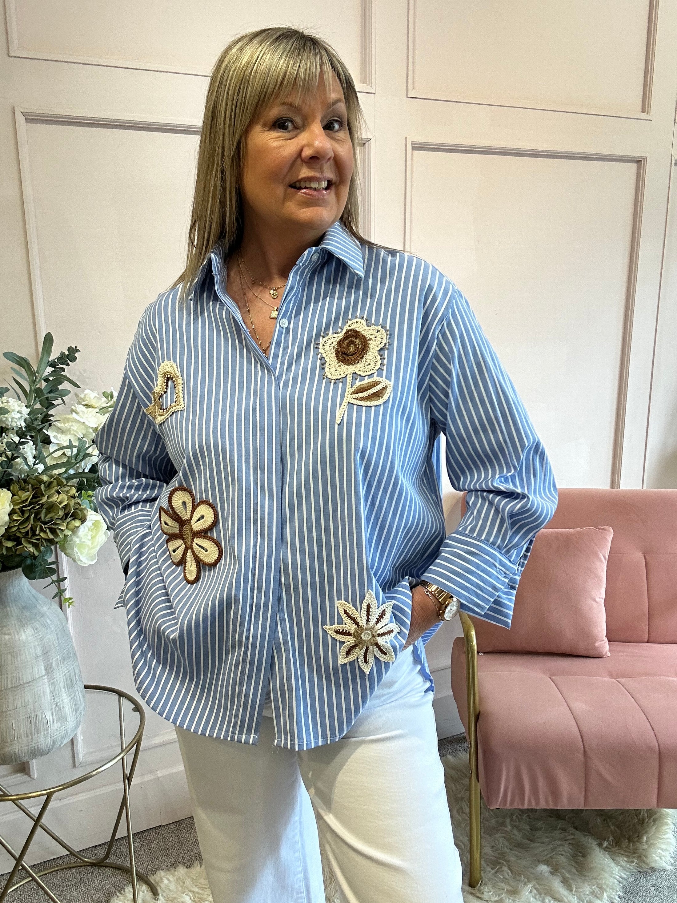 Crochet Detailed Blue & White Striped Shirt  - Blue/White - Wardrobe By Simone