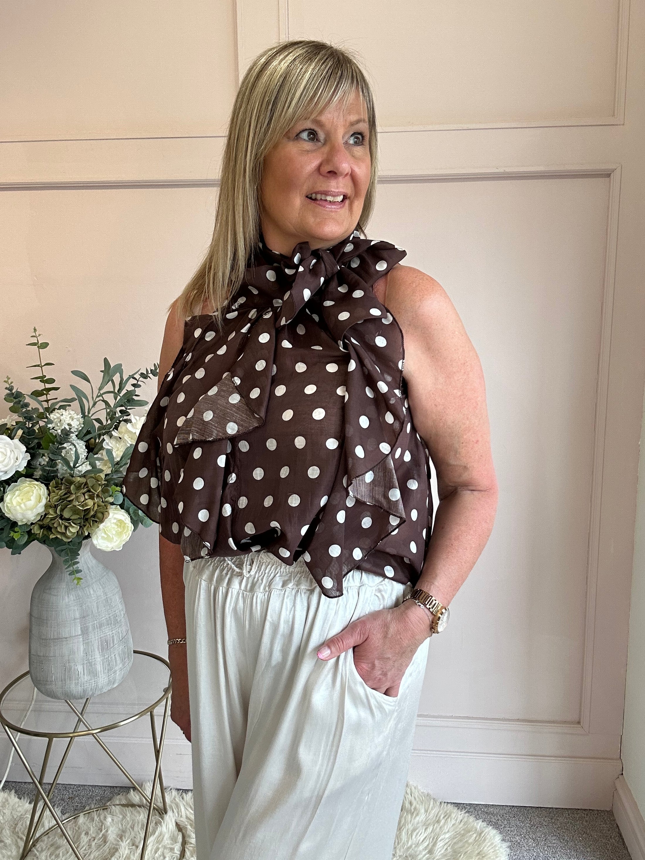 Spotty & Ruffle Top - Brown/White - Wardrobe By Simone
