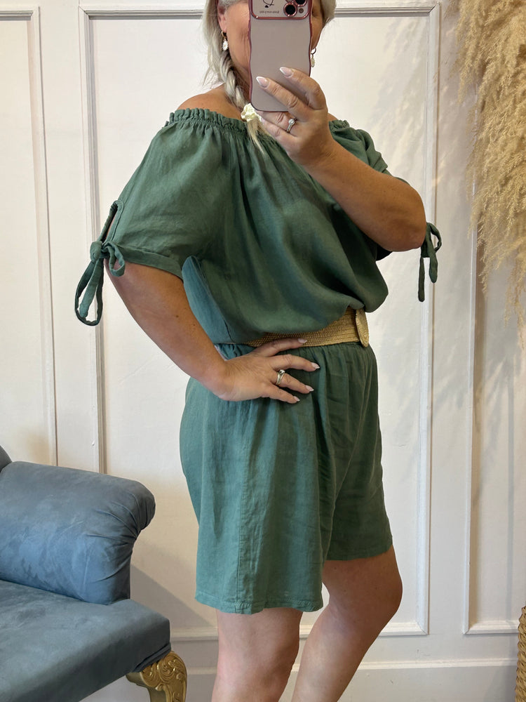 Linen Bardot Top & Shorts Playsuit - Khaki