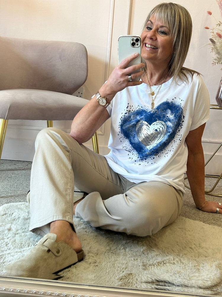 Swirl Silver/Blue Heart T-shirt - White