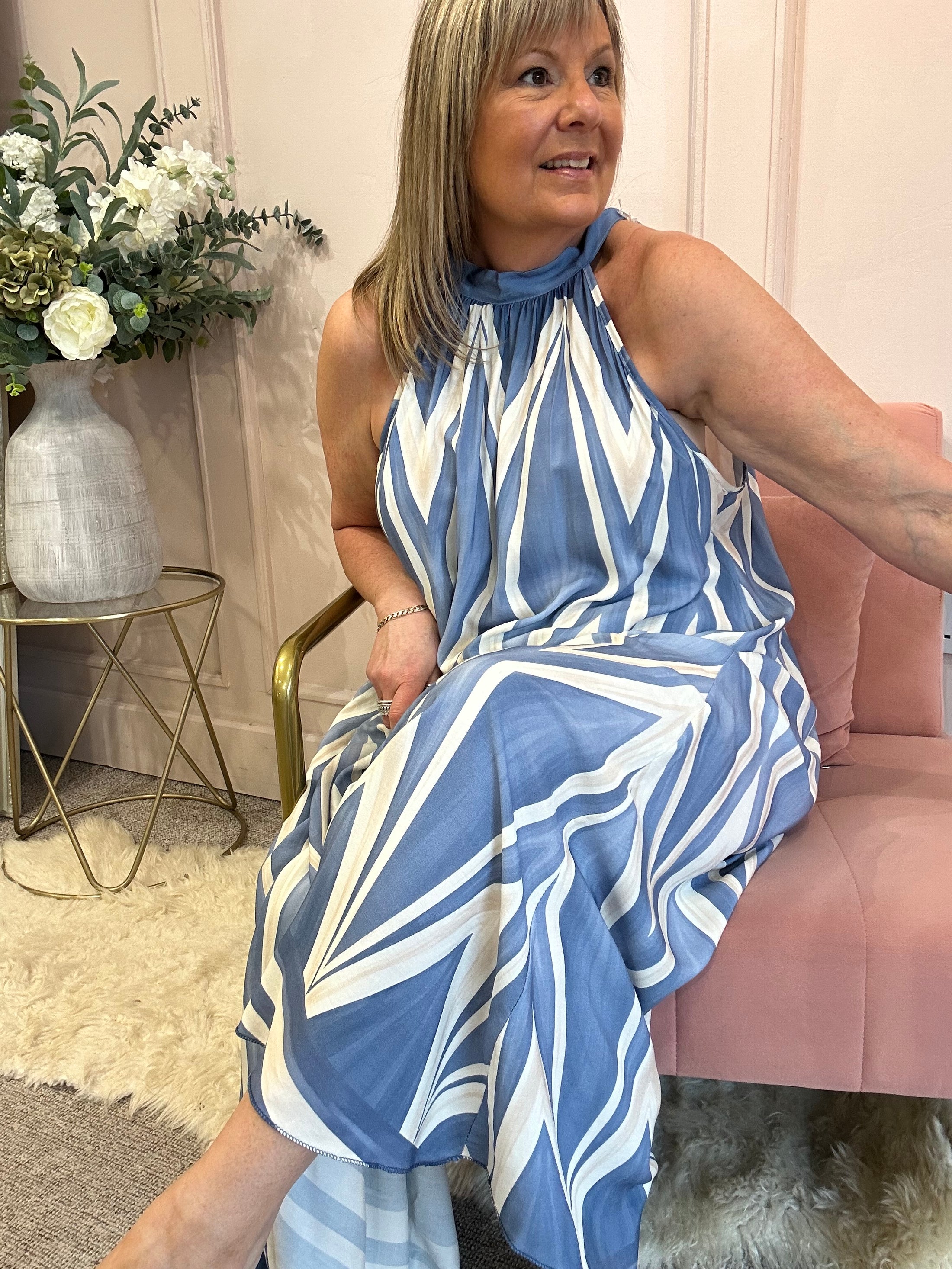 Halter Neck Maxi Dress - Powder Blue/Cream - Wardrobe By Simone