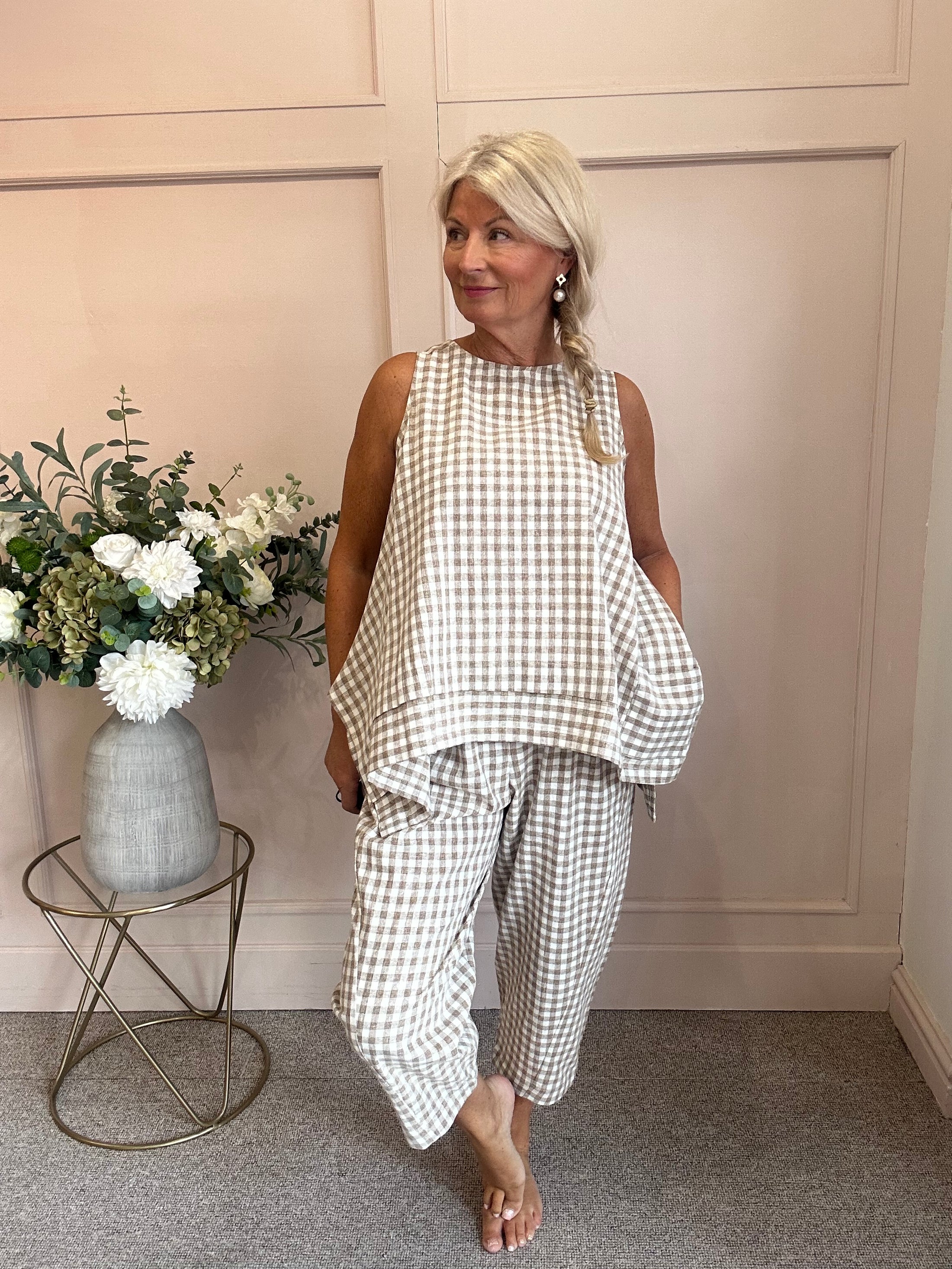 Floaty Sleeveless Top Gingham - Brown One Size