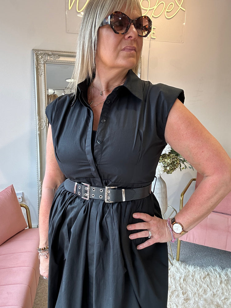 Quirky Belted Ruched Skirt Dress - Black