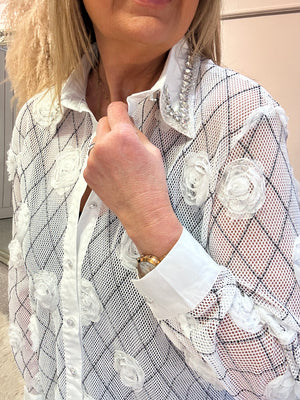 Delicate Rose Mesh Shirt - White - Wardrobe By Simone